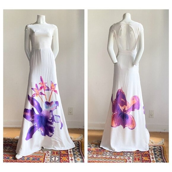 Issa London Ivory Silk Screen Printed Floral Keyhole Back Slim Fit Gown 2 - Picture 1 of 14